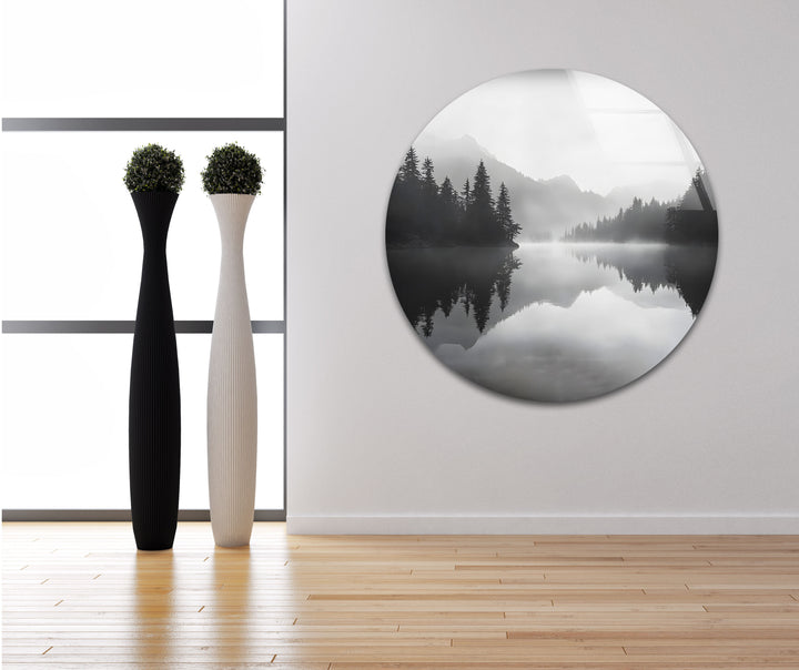 Misty Mountain Reflection: A breathtaking black-and-white mountain reflection, adding serenity to your home decor.
