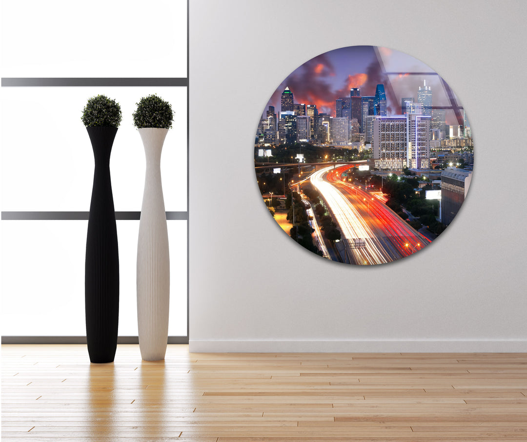 Dallas Skyline Glass Wall Art – Stunning View of Downtown at Dusk