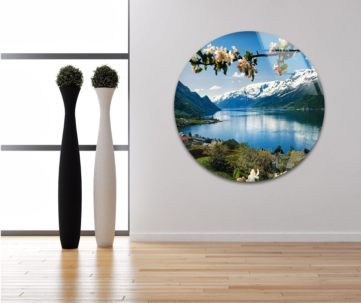 Norwegian Fjord Glass Wall Art – Majestic Mountain & Lake View with Blossoming Flowers