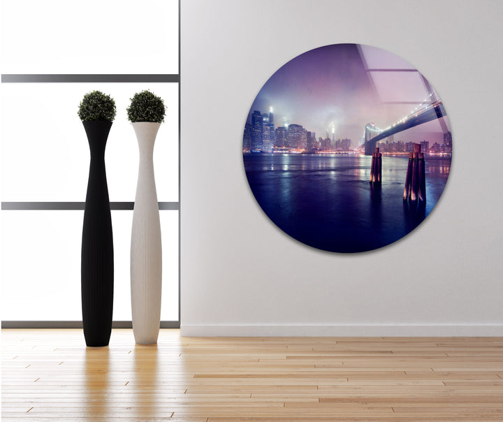 Brooklyn Bridge Glass Wall Art – Stunning New York City Skyline at Night with Brooklyn Bridge