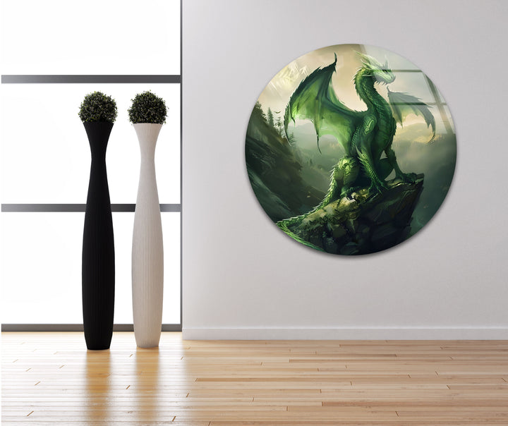 Immerse yourself in fantasy with a stunning green dragon perched on a cliff, captured in glass wall art.
