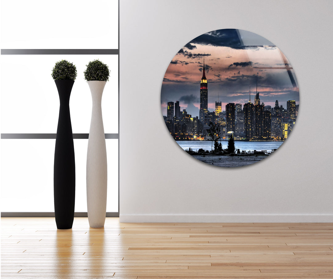 New York City Skyline Glass Wall Art – Stunning Evening View of Empire State Building & Downtown