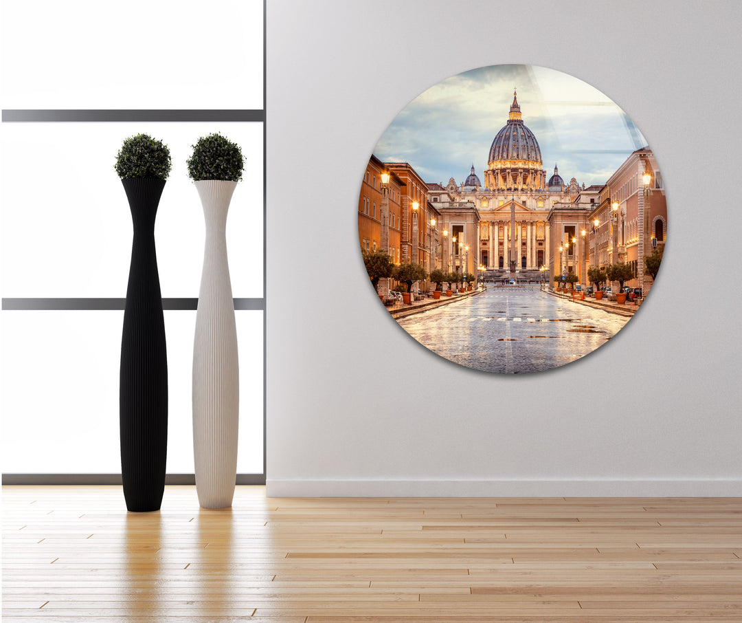 Vatican City Glass Wall Art – Majestic View of St. Peter's Basilica at Dusk