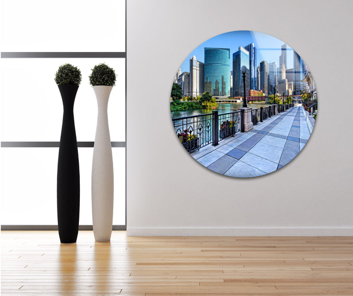 Chicago Riverwalk Glass Wall Art – Stunning View of Downtown Skyscrapers & Waterfront Path