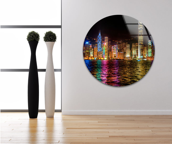 Hong Kong Skyline Glass Wall Art – Vibrant Night Cityscape Decor