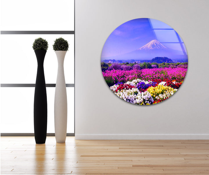 Mount Fuji and Flower Field Glass Wall Art – Majestic View of Japan’s Iconic Mountain & Blossoming Landscape