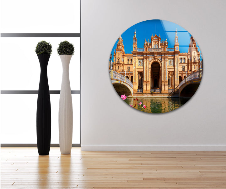 Plaza de España Glass Wall Art – Majestic Spanish Landmark with Scenic Canal