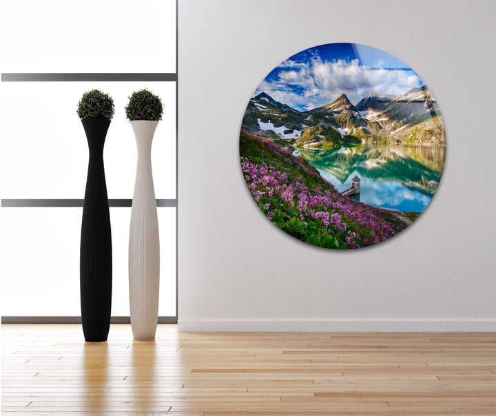 Norwegian Fjord Glass Wall Art – Majestic Mountain with Blossoming Flowers