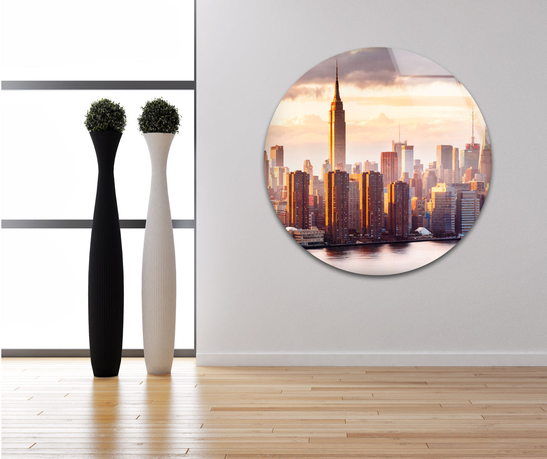 Empire State Building Glass Wall Art – Stunning NYC Skyline at Sunset