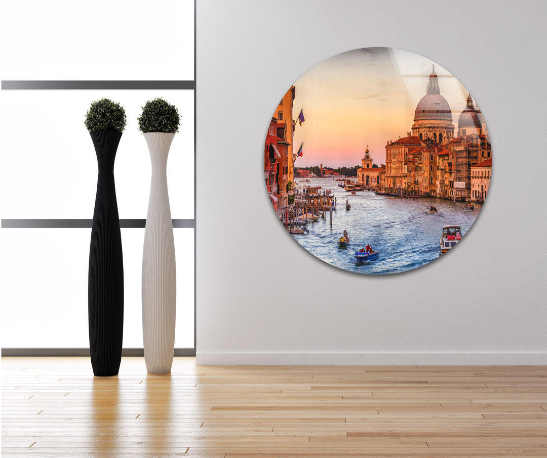 Venice Canal Glass Wall Art – Iconic Grand Canal View at Sunset with Boats