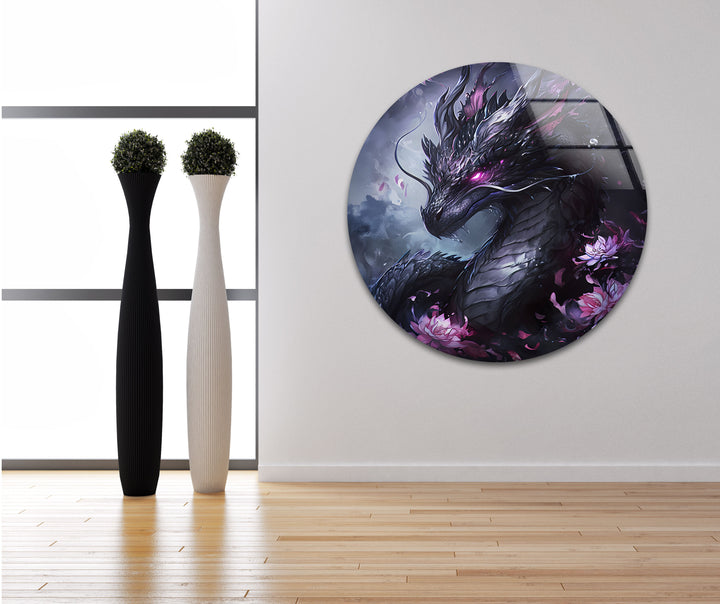 A mystical purple dragon glows against a dark backdrop, creating an enchanting atmosphere on glass wall art.
