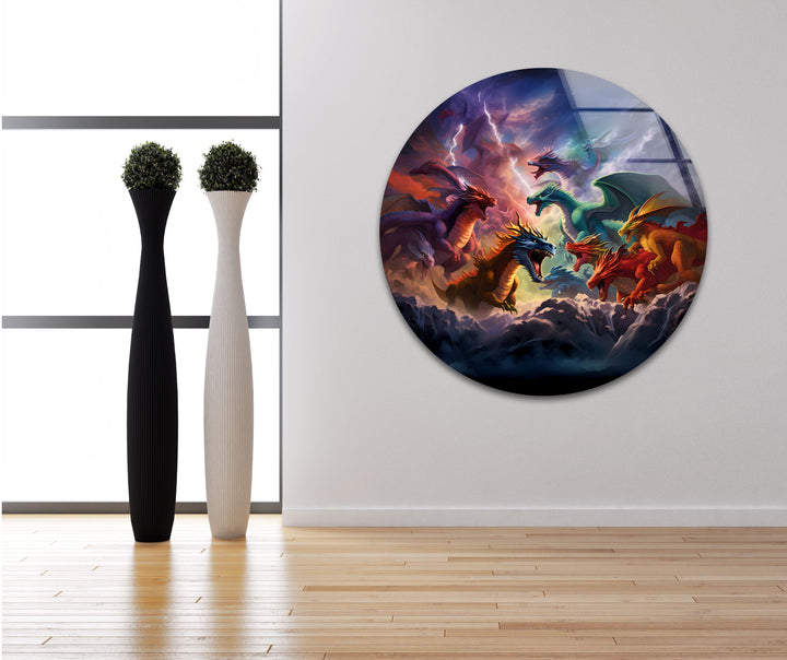 Fantasy Dragon Clash: A Bright and Powerful Glass Wall Artwork
