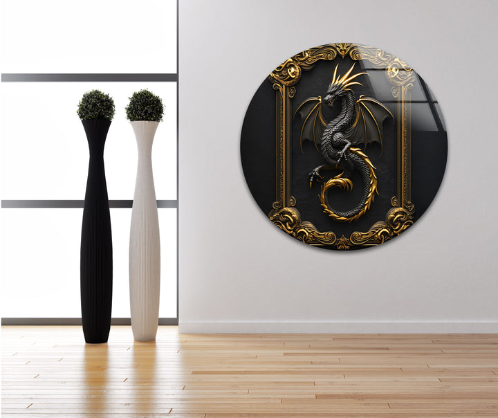 A magnificent black and gold dragon, beautifully framed in intricate detail, perfect for any fantasy-themed room.
