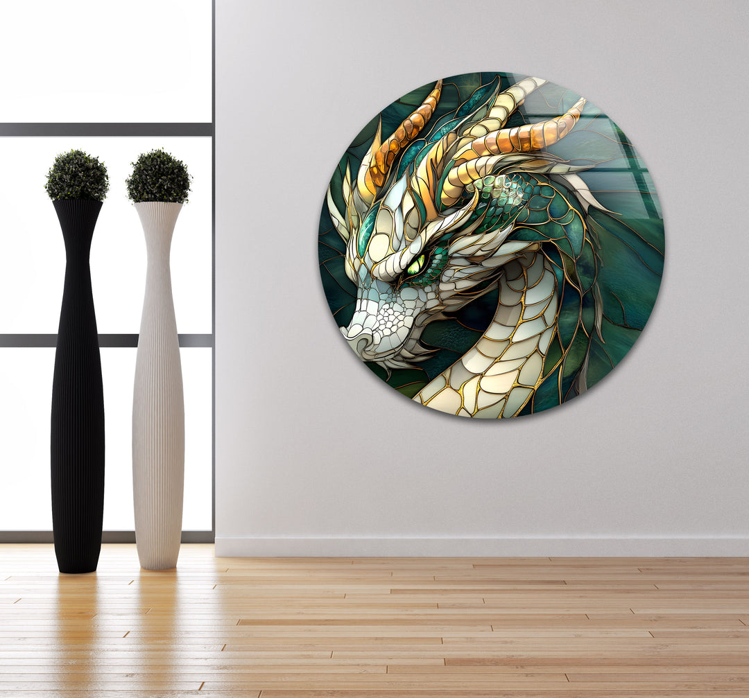 Exquisite stained glass art of a dragon, combining vibrant colors and intricate details.
