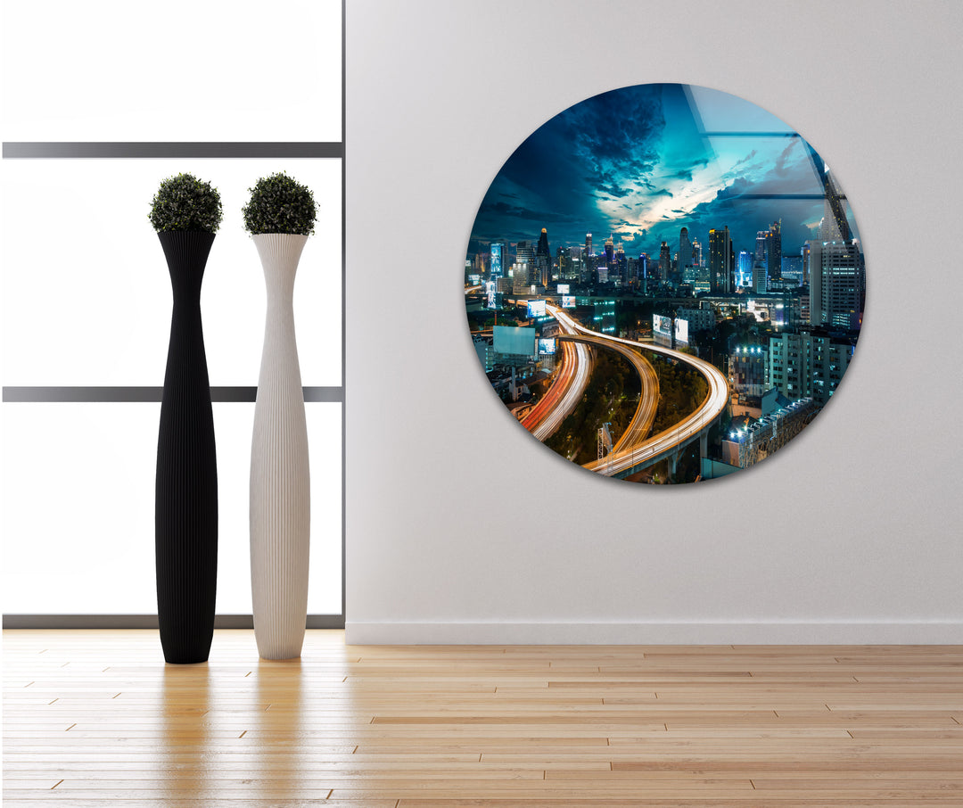 Bangkok Skyline Glass Wall Art – Stunning Night View of Thailand’s Iconic Cityscape