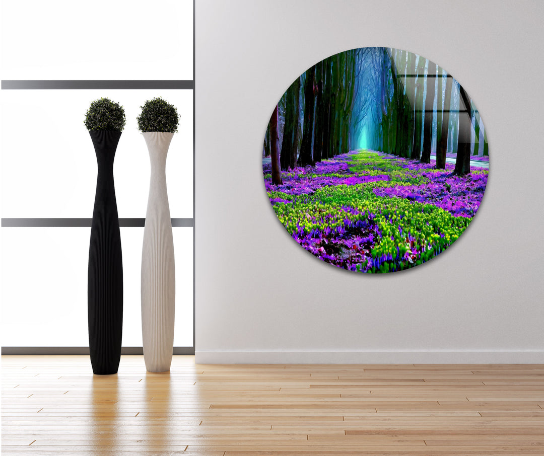 Flower Pathway Glass Wall Art – Serene Spring Landscape with Lush Blooming Flowers