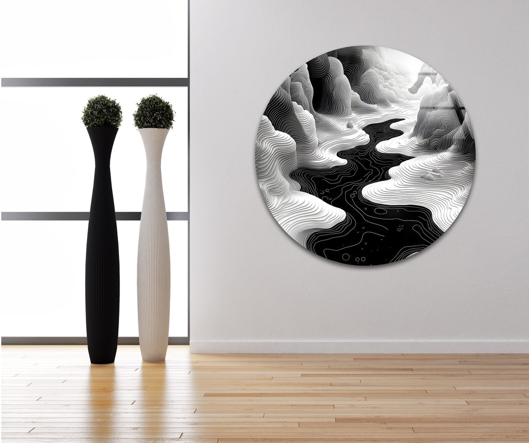 Nature's Flow: Stunning Black and White Abstract River Art on Glass Wall
