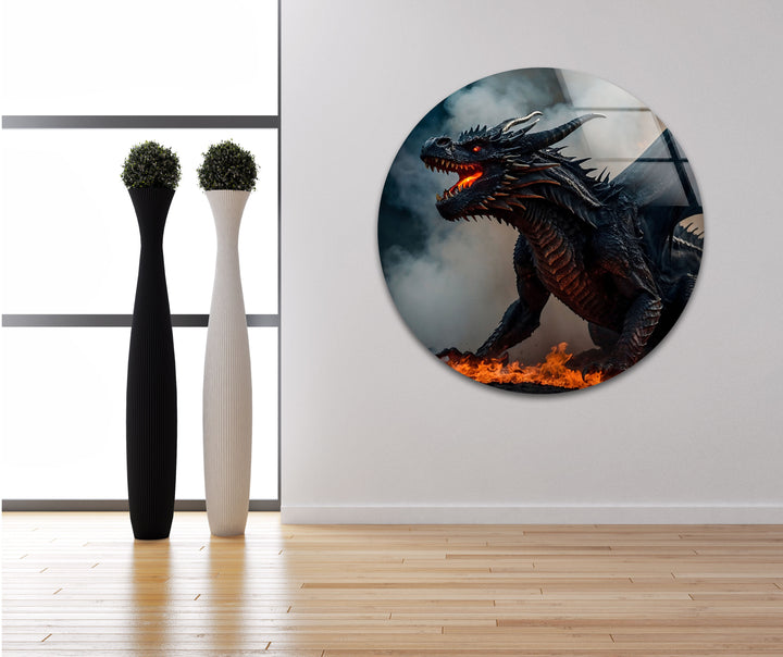 Embrace the power of the Inferno Dragon: A dramatic creature set against a fiery backdrop, captured in stunning glass wall art.
