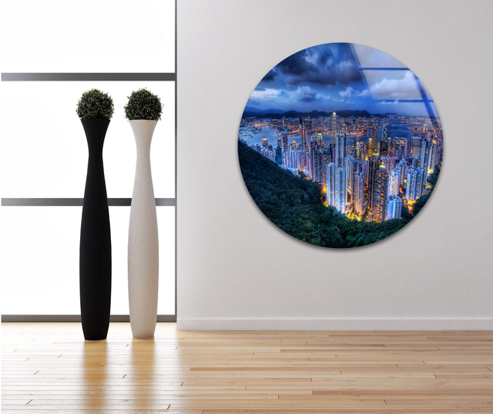 Hong Kong Skyline Glass Wall Art – Stunning View of City Lights & Harbor at Dusk