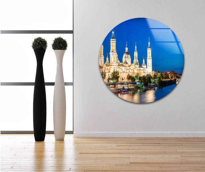 Basilica del Pilar Glass Wall Art – Stunning Night View of Zaragoza’s Iconic Landmark