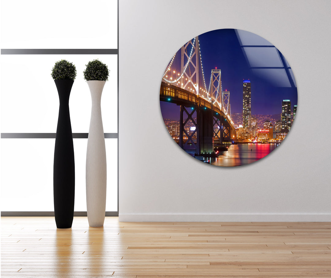 Bay Bridge Glass Wall Art – Iconic San Francisco Cityscape at Night