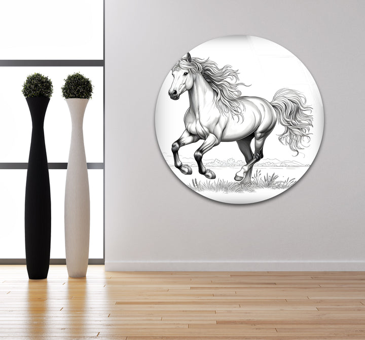 A timeless black and white glass wall art featuring a galloping horse, ideal for contemporary and rustic spaces.