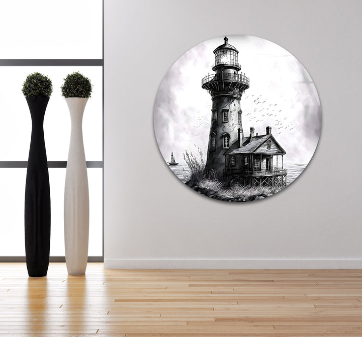 Nautical Lighthouse Glass Wall Art - Elegant Black and White Artwork
