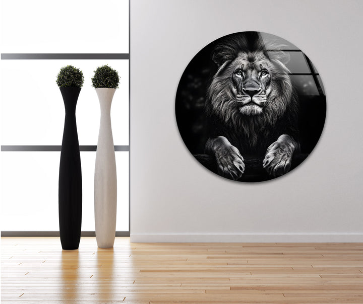 Monochrome lion portrait on glass, offering a majestic and bold statement for your space.