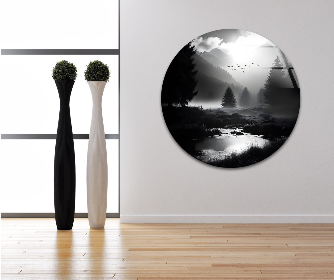 Timeless black and white nature scene featuring a glowing sky and reflective water, captured on glass wall art.
