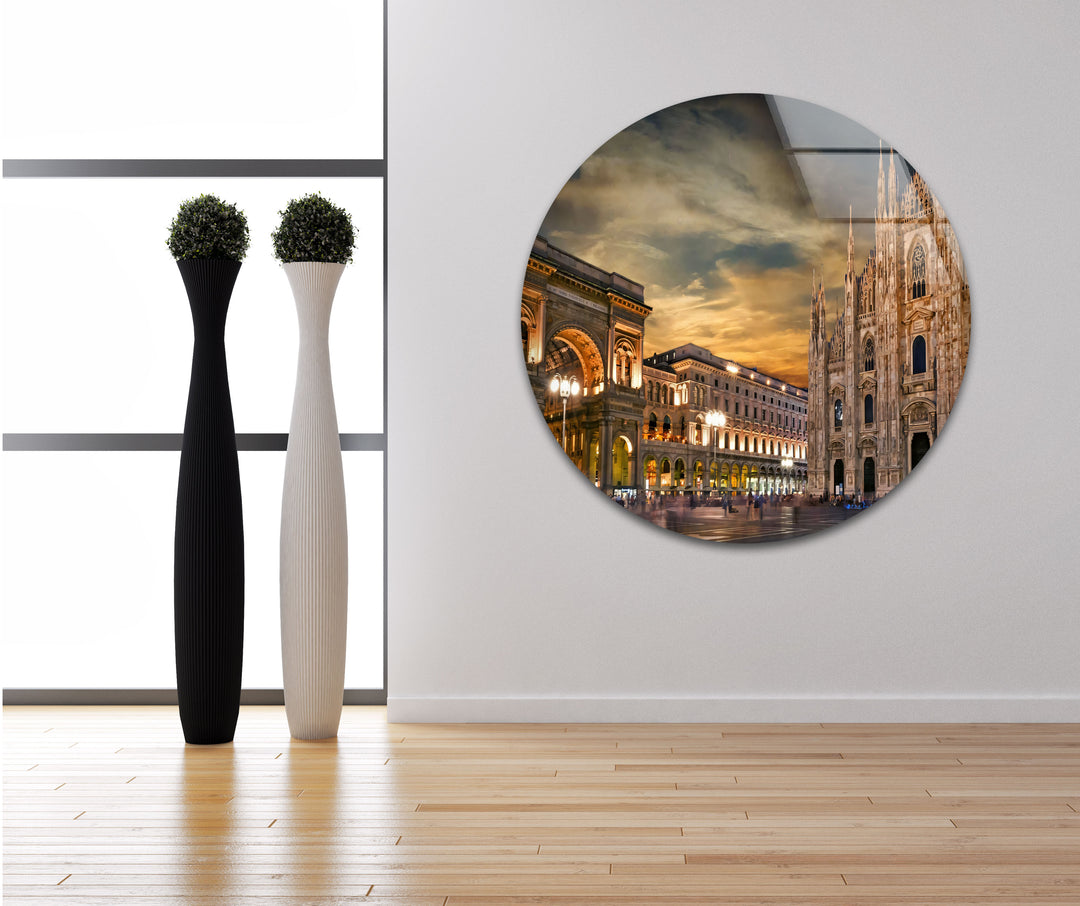 Milan Cityscape Glass Wall Art – Iconic Duomo Cathedral & Galleria Vittorio Emanuele at Dusk