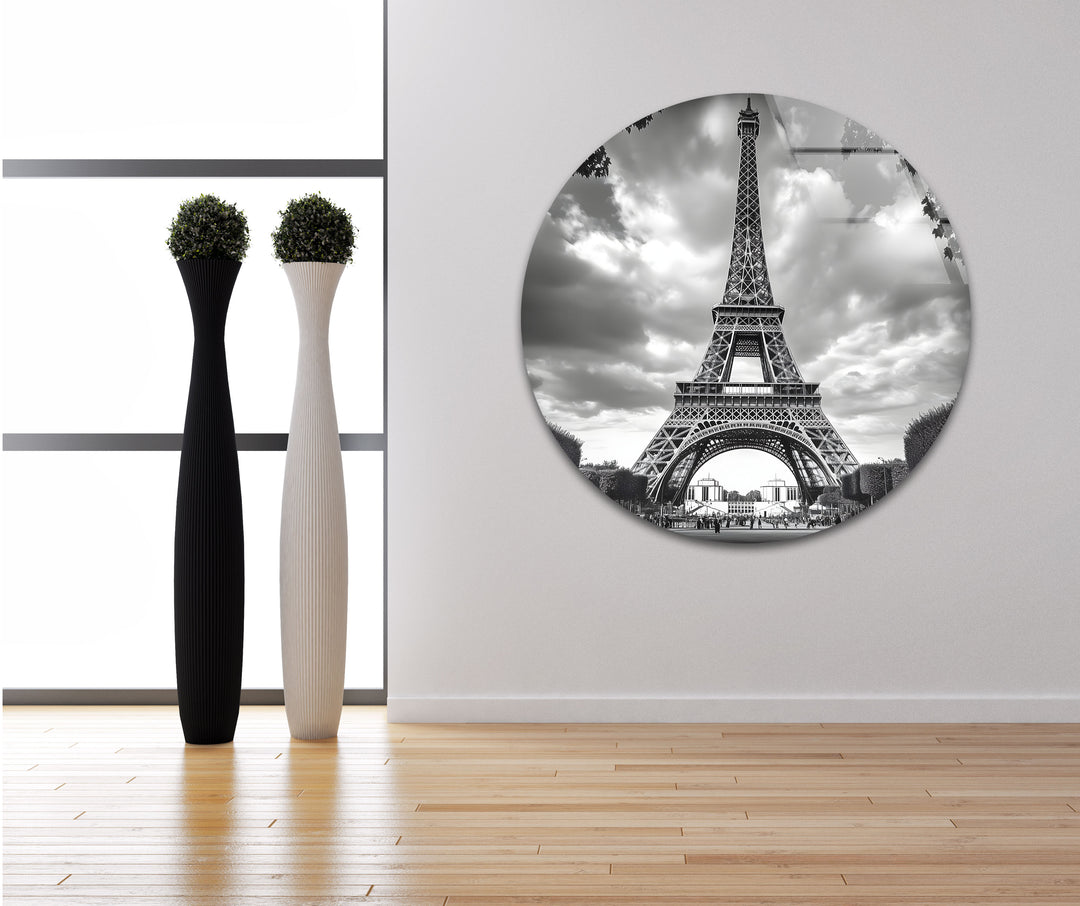 A timeless black and white cityscape of the Eiffel Tower, adding a touch of French elegance to modern decor.