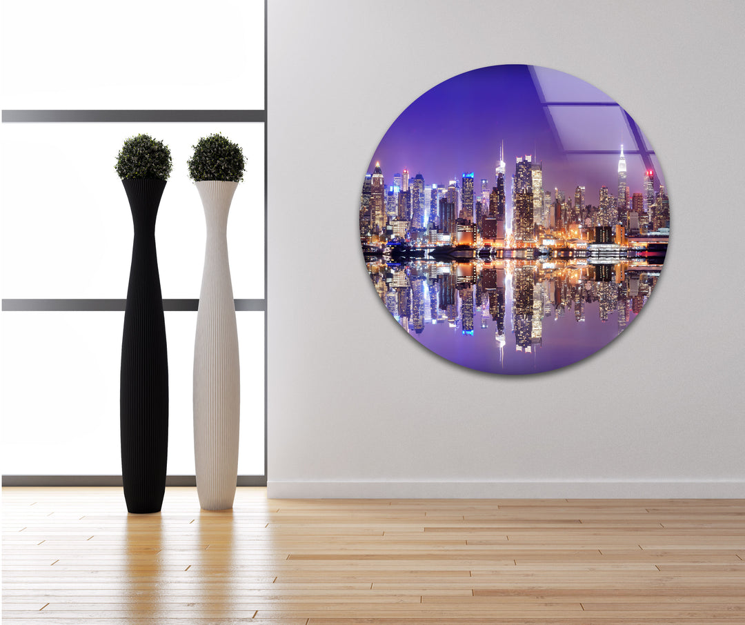 New York City Skyline Glass Wall Art – Iconic Manhattan Skyline with Stunning Waterfront Reflection