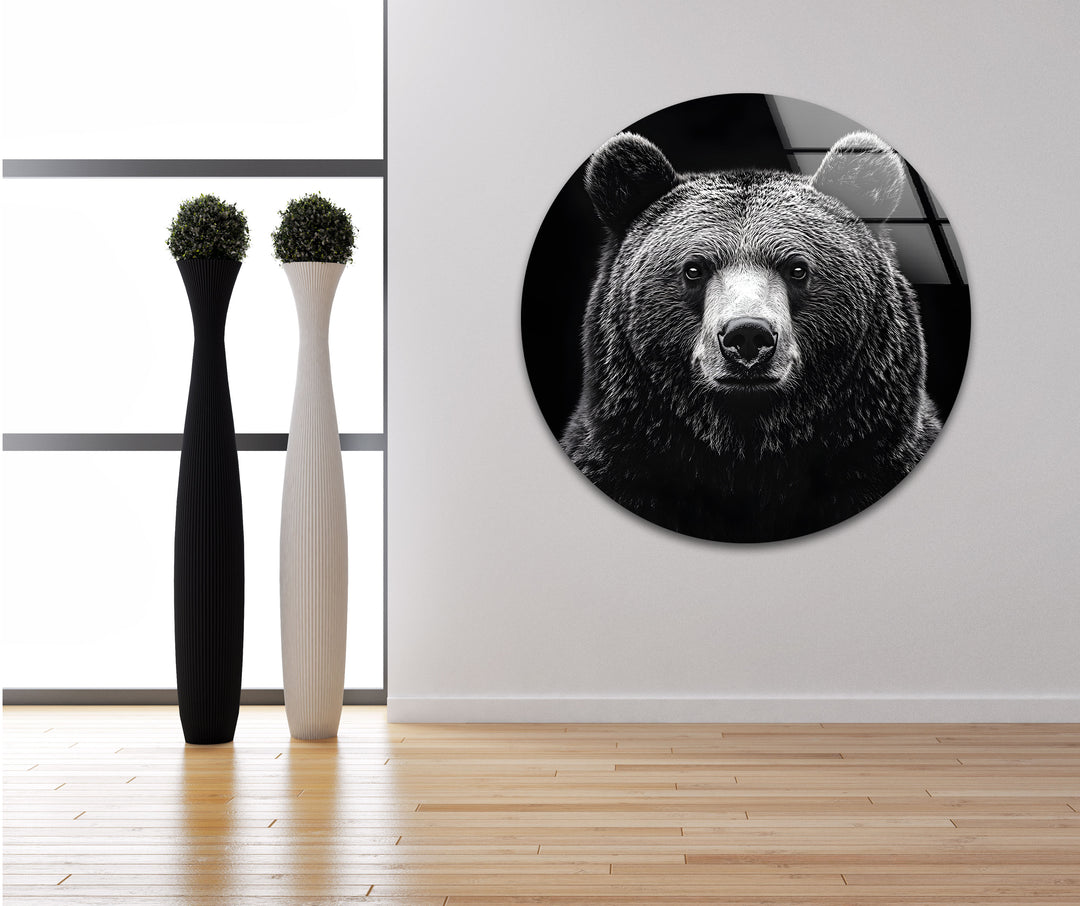 Fierce black bear design captured in black-and-white, making a bold statement on durable glass.