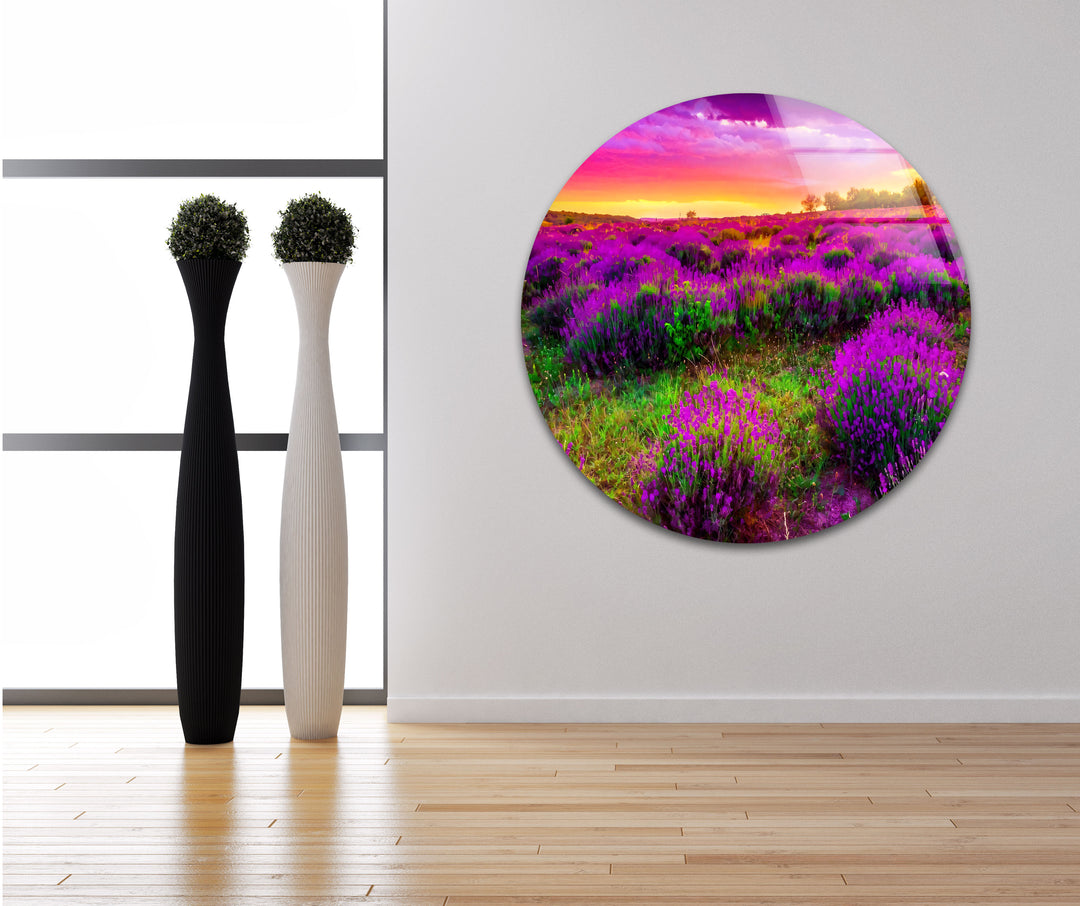 Lavender Field Glass Wall Art – Vibrant Sunset Floral Landscape