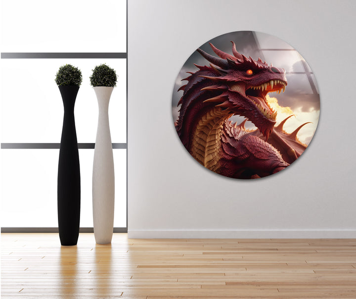 The fiery power of a red dragon, beautifully brought to life in high-quality glass wall art.
