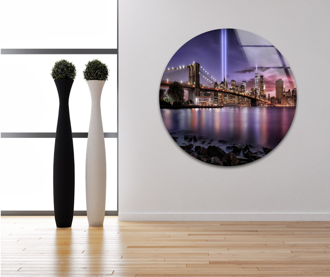 Brooklyn Bridge Glass Wall Art – Breathtaking NYC Skyline with Tribute in Light