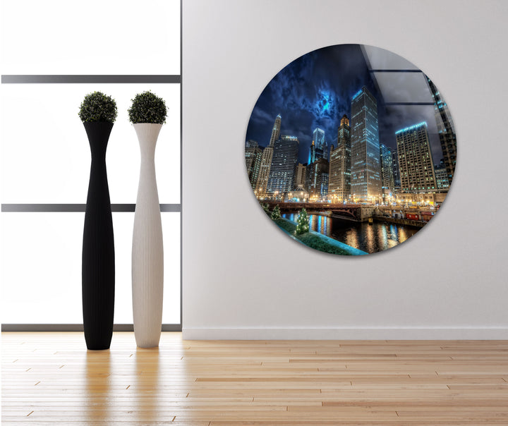 Chicago Skyline Glass Wall Art – Majestic View of Chicago's Iconic River & Skyscrapers at Night