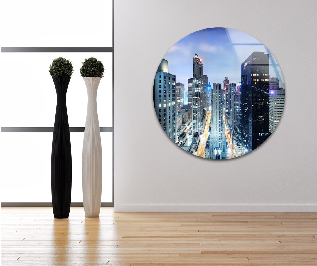 Chicago Skyline Glass Wall Art – Stunning Night View of Downtown Skyscrapers and Streets