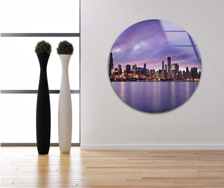 Chicago Skyline Glass Wall Art – Stunning View of Downtown Chicago at Sunset