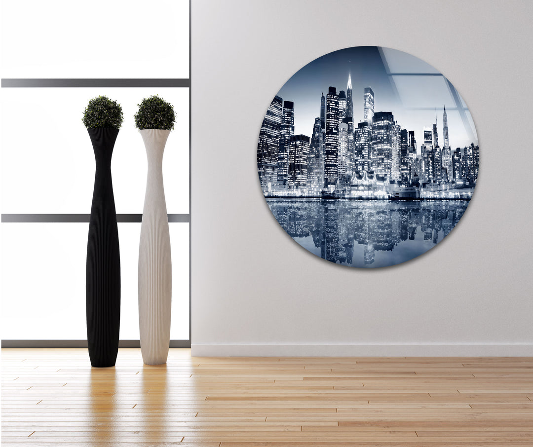 Black and White New York City Skyline Glass Wall Art – Iconic NYC View with Reflections