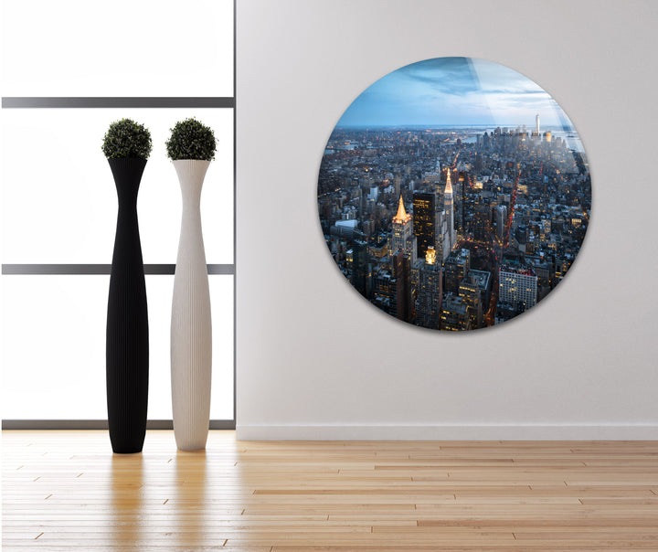 New York City Skyline Glass Wall Art – Stunning Aerial View of Manhattan at Twilight