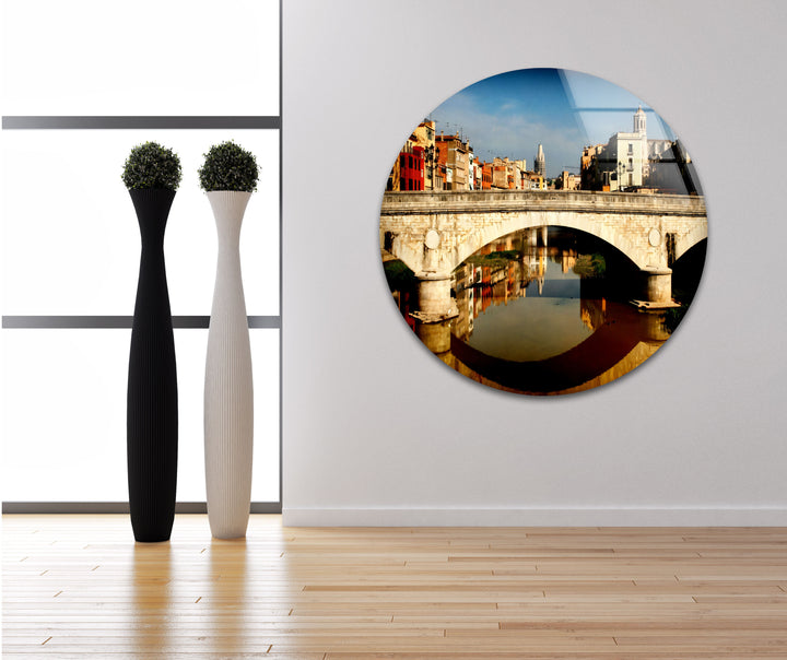 Girona Bridge Glass Wall Art – Scenic View of Spanish City with Reflection in River