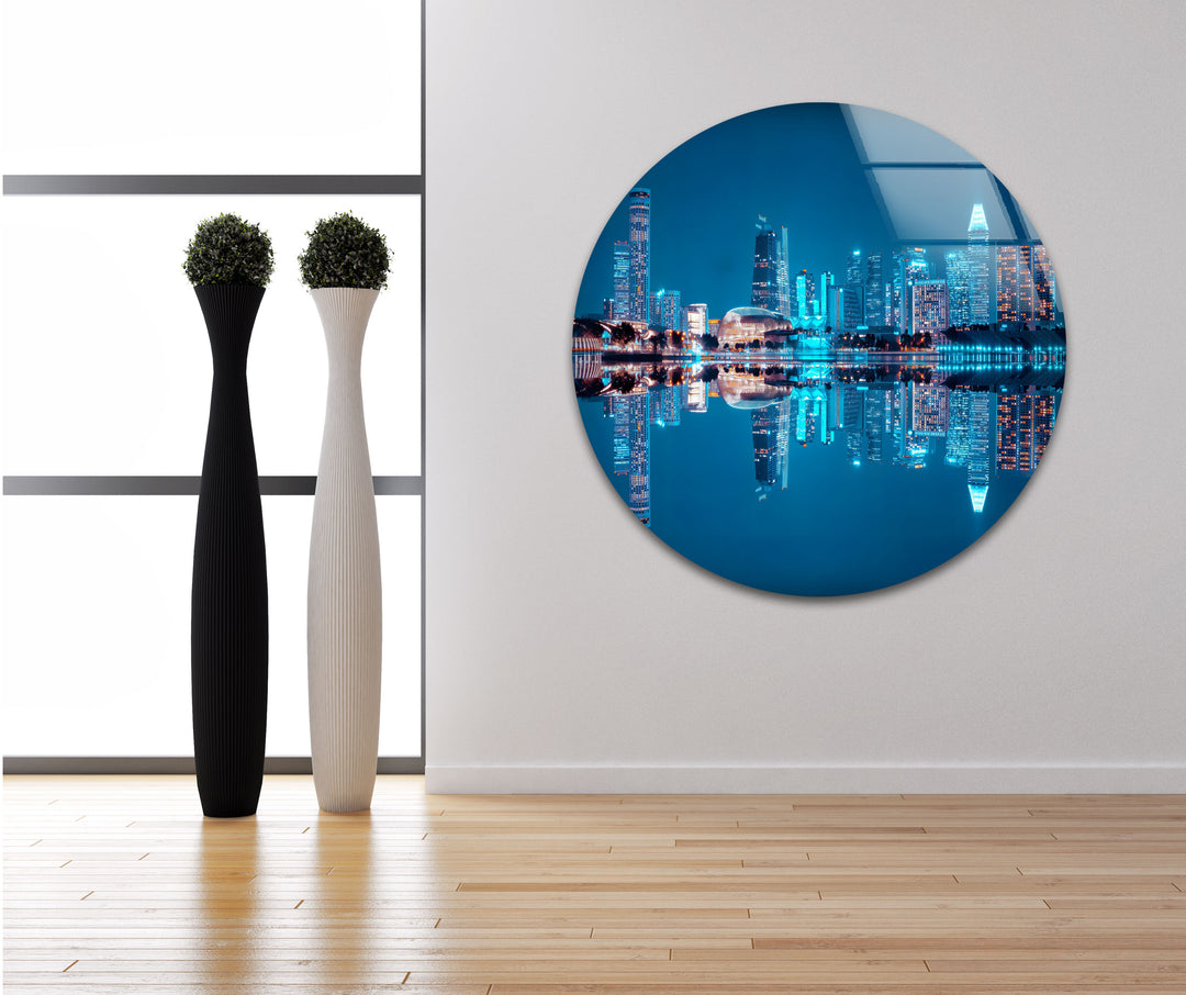 Singapore Skyline Glass Wall Art – Iconic Marina Bay Sands & City Reflections at Night