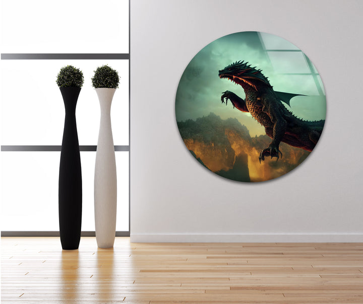 Fierce Dragon in Fiery Landscape: A Mythical Creature Roaring in the Flames on Glass Wall Art