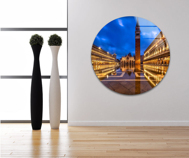 St. Mark's Square Glass Wall Art – Majestic Venice Landmark with Illuminated Campanile Tower