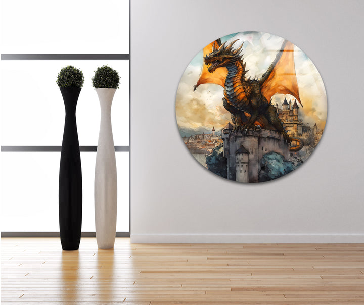 Epic Dragon and Castle: Vibrant Fantasy Artwork on Tempered Glass
