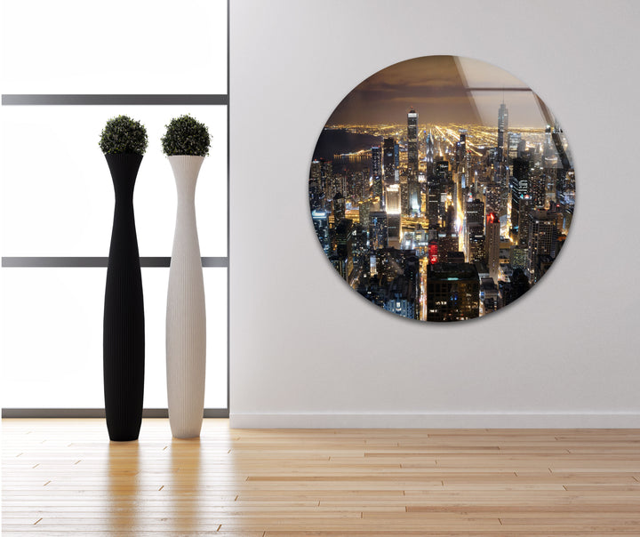 Chicago Cityscape Glass Wall Art – Night Skyline Modern Decor