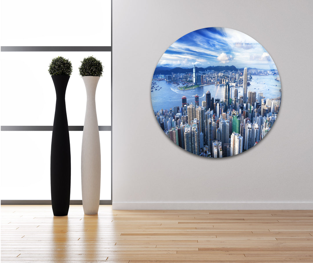 Hong Kong Skyline Glass Wall Art – Aerial Cityscape & Harbor View