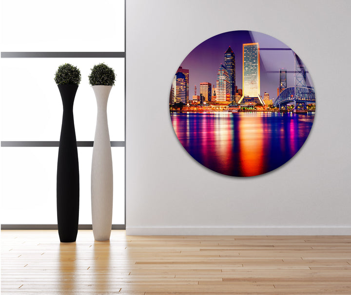 Jacksonville Skyline Glass Wall Art – Stunning View of Florida’s Iconic Downtown at Night