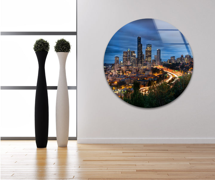 Seattle Skyline Glass Wall Art – Stunning View of Downtown Seattle at Night